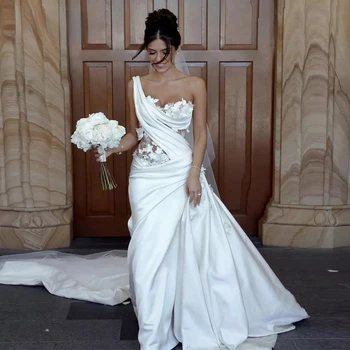 Романтическое Белое Атласное Современное Свадебное платье 