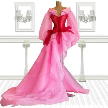 Розовые платья для выпускного вечера трапециевидной формы с длинными рукавами и бантом из тюля Дубай Саудовская Аравия Длинное платье для выпускного вечера вечернее платье Robe De Soiree Haute Couture