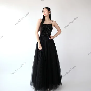 Черное женское вечернее платье трапециевидной формы с тонким плечевым ремнем в корейском стиле для формального минималистичного мероприятия, современное бальное платье совершенно нового дизайна 2023