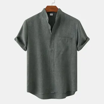 Мужская повседневная простая хлопковая рубашка с воротником-стойкой men-s-top темно-зеленого цвета.