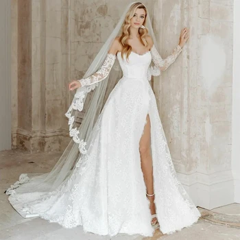 Стильные свадебные платья с кружевом в виде сердечка, Свадебное платье Трапециевидной формы с разрезом, съемный рукав, церковный шлейф, Vestido de novia