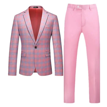 2023 Новый мужской розовый клетчатый костюм из 2 предметов, модное мужское повседневное платье для выпускного вечера, мужские приталенные блейзеры, куртка и брюки