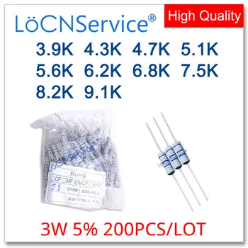 LoCNService 200 шт./ЛОТ 5% 3 Вт 3,9 К 4,3 К 4,7 К 5,1 К 5,6 К 6,2 К 6,8 К 7,5 К 8,2 К 9,1 К Углеродный Пленочный резистор DIP ОМ
