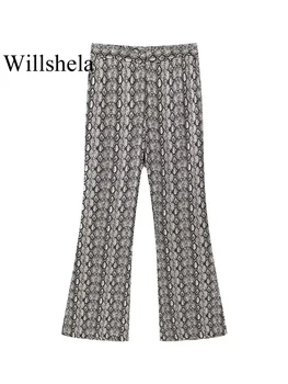 Willshela/ Женские модные брюки-клеш на молнии спереди с принтом, винтажные женские шикарные брюки полной длины с высокой талией