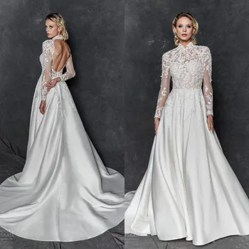 2023 Иллюзионные Кружевные Свадебные Платья Женщины С Длинным Рукавом Атласное Платье Невесты С Открытой Спиной Винтажное На Заказ Vestido De Novia