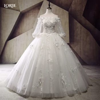LORIE, Классические кружевные свадебные платья принцессы, 3D Цветы, пышные рукава, Аппликации, Свадебные платья с открытыми плечами, платье невесты без спинки