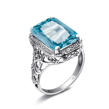 Винтажное Обручальное кольцо с аквамарином из чистого серебра 925 пробы, кольца с голубыми драгоценными камнями, изысканные элегантные украшения для женщин в подарок