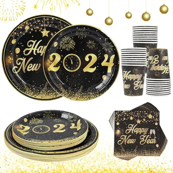 Новогодняя вечеринка 2024 Одноразовая посуда Черное золото Бумажные тарелки Салфетки Чашки Скатерть Украшения для новогодней вечеринки