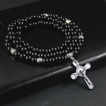 Высококачественное религиозное ожерелье с подвеской в виде Креста Мужские ожерелья из молитвенных четок Jesus Black Flash Женские христианские украшения 8 мм