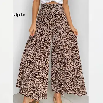 Летние Широкие брюки, женские богемные брюки с леопардовым принтом, повседневные брюки с эластичной резинкой на талии, Длинные расклешенные брюки, Свободные брюки-кюлоты Palazzo