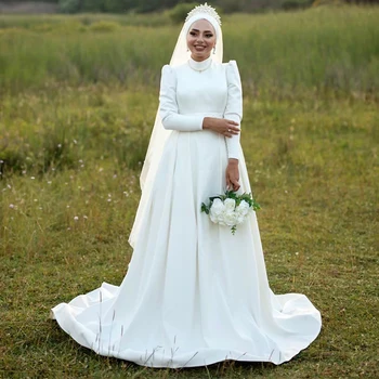 Белые мусульманские свадебные платья для невесты в хиджабе, высокий воротник, длинный пышный рукав, шлейф, садовые мусульманские свадебные платья, robes de mariee