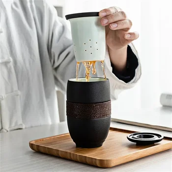 Керамические чашки в японском стиле, креативная кружка для разделения чая в стиле ретро, Домашний офис, Переносная чашка для воды для путешествий с фильтром и крышкой