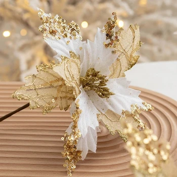 Рождественский цветок с имитацией золота, Рождественская елка, декоративный цветок, 20 см, бархатная отделка с блестками