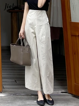 Jielur Белые прямые женские брюки с высокой талией и широкими штанинами, летние Свободные простые однотонные повседневные офисные женские брюки цвета хаки