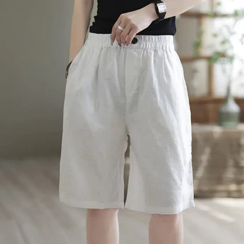 Летние женские хлопчатобумажные шорты с карманами, женские короткие брюки с высокой талией и широкими штанинами