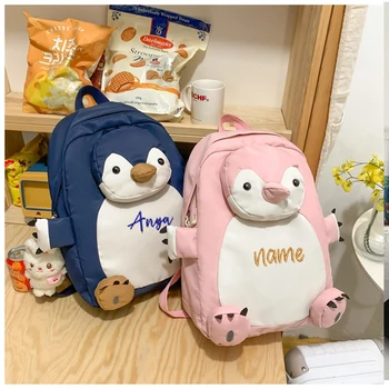 Индивидуальная корейская версия, простой рюкзак большой емкости, персонализированная вышивка, рюкзак для студентов колледжа с милым пингвином