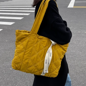 Утепленные теплые хлопчатобумажные стеганые сумки через плечо, дешевые повседневные женские желтые сумки-тоут, большая серая сумочка для покупок, зимняя женская сумка