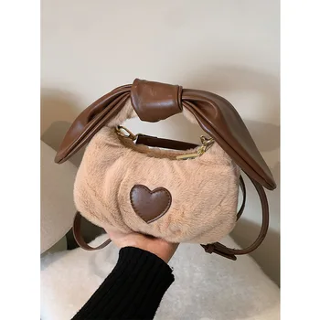 Женские Милые плюшевые сумки с аппликацией в виде сердца, лоскутные сумки через плечо с ручкой из искусственной кожи, женские повседневные сумки-мессенджеры для поездок на работу