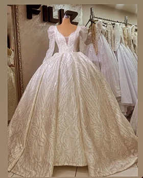 Гламурное бальное свадебное платье с V-образным вырезом и длинными рукавами, классическое придворное платье с открытой спиной, сшитое на заказ Robe De Mariée