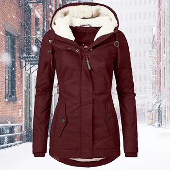 Женское зимнее пальто, теплая однотонная плюшевая утолщенная длинная куртка, походная повседневная ветрозащитная парка с капюшоном, пальто, Шинель