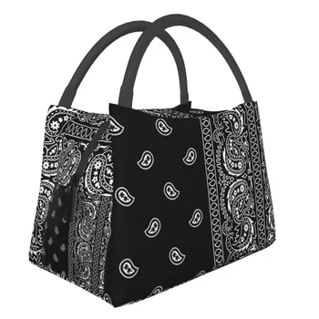 Черно-белая бандана в стиле Пейсли Чикано, термоизолированные сумки для ланча, женская черно-белая переносная коробка для ланча