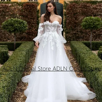 Белое свадебное платье 2024 Платья для невесты с пышными рукавами в виде сердечка, аппликация из блестящего тюля, свадебное платье трапециевидной формы Vestido De Noiva