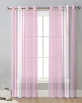 Розовые полосы, Тюлевая занавеска в деревенском стиле для гостиной, Прозрачная занавеска для окон с принтом, Роскошный Домашний Декор балкона, Вуалевые шторы
